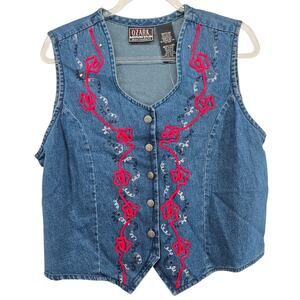 Vintage Ozark Embroidered Denim Vest Size MD 90s Western Grandma Cottage
